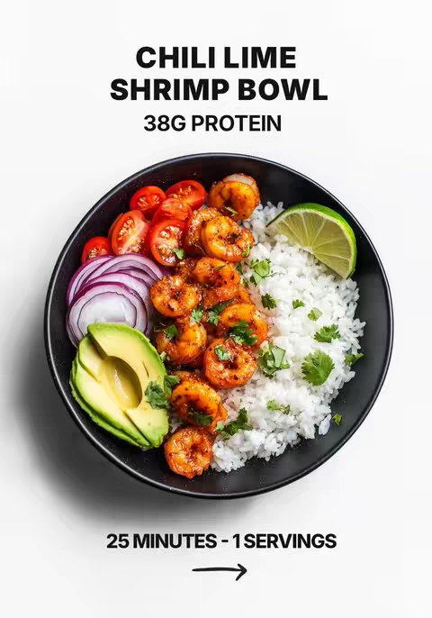 A visually appealing food image featuring a black bowl filled with various colorful ingredients. At the top is a text overlay that says "CHILI LIME SHRIMP BOWL" in bold white letters, followed by "38G PROTEIN". The bowl is centered, showing a vibrant bowl of food on a white background. The bowl contains a mix of ingredients: cooked shrimp with an orange glaze, fresh cilantro, halved cherry tomatoes, red onion slices, avocado, and a wedge of lime. There is white rice at the base of the dish. The lighting is natural with slight shadows, enhancing the freshness and the texture of the meal.