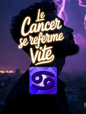 Silhouette profile of a person against a purple and blue night sky with streaks of light. Overlaid is glowing text in a curved design with the words "Le Cancer se referme Vite" and a Cancer zodiac symbol.