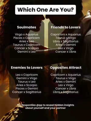The image shows a split graphic with an ethereal background of two figures facing each other. The central element is a vertical division, splitting the image into four relationship categories with the text in white and purple, and the different zodiac pairs.