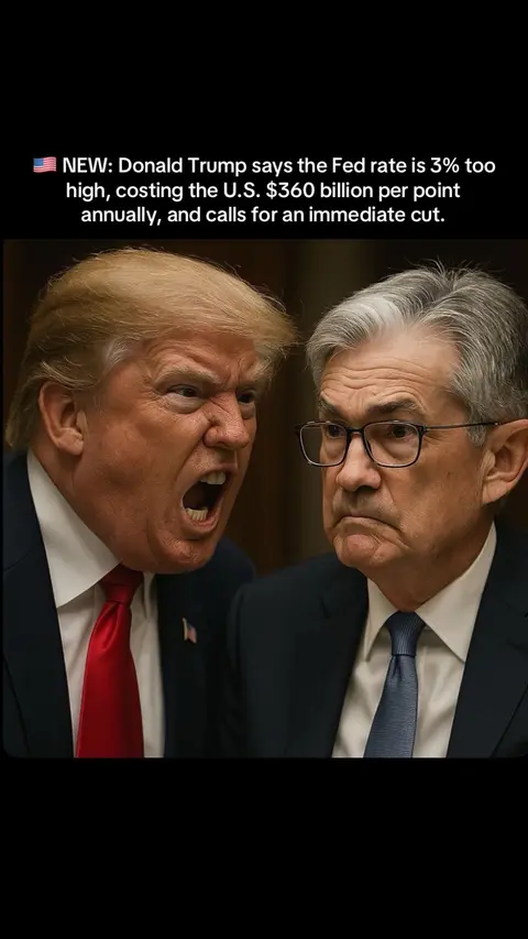 The image is a split-screen or side-by-side composition featuring Donald Trump, on the left side, with a stern expression, mouth open as if shouting and his hair styled in his signature way, and Jerome Powell to the right who has glasses and neutral expression. Above the pair is overlay text.