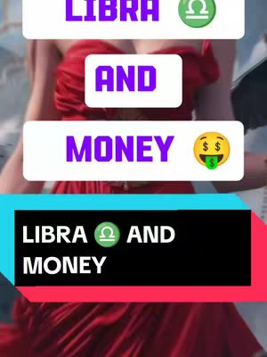 The cover image is a vertical graphic. The background appears to be out-of-focus with a woman in a red dress from the chest down. The overlay features text boxes. The top box with purple text says "LIBRA" with the libra symbol in the green circle. The next text box has white text that says "AND". The third box has the purple text "MONEY" with an emoji of eyes with dollar signs and a green dollar sign tongue. The fourth box is a rectangle that is half teal and half pink color with the text inside that says "LIBRA AND MONEY".