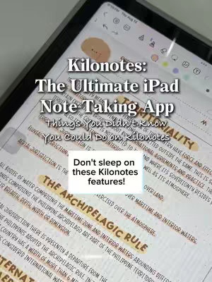 The cover image shows a close-up of an iPad screen displaying the Kilonotes app. The app shows what appears to be handwritten notes over graphics with multiple layers. Overlaid text in a bold, white font describes the app's features