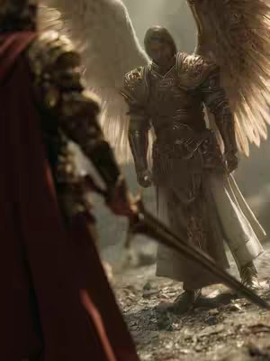 Image depicting a dramatic confrontation between two figures in a fantasy setting. On the right, a winged figure in golden armor with a sword stands tall, illuminated by light. The left side features a figure with red cape, also holding a sword, but they are in shadow. The background is a hazy, rocky terrain.