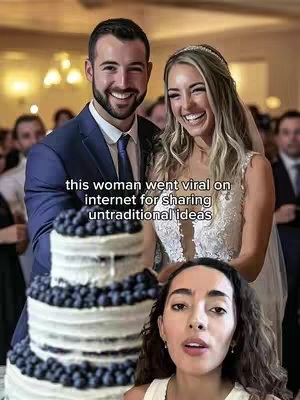 The cover image shows a wedding scene, with a smiling bride and groom embracing above a tiered cake decorated with blueberries. In the bottom foreground, a woman is looking up at the camera, presumably the creator.