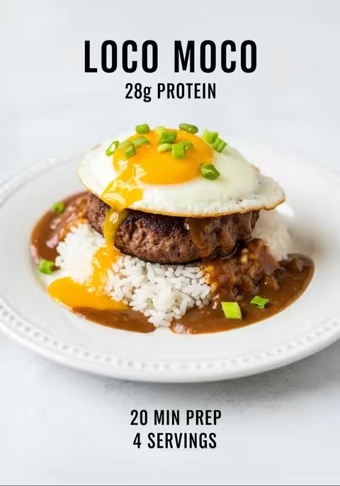 A close-up shot of a Loco Moco dish on a white plate. The dish features a bed of white rice topped with a hamburger patty, a fried egg with a bright yellow yolk, and brown gravy. Green onions are sprinkled on top. The background is a solid white color.