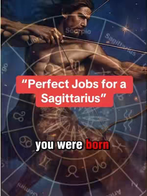 The image has a dark, celestial background with a zodiac wheel overlay. In the foreground is a muscular male figure in a warrior pose, drawing a bow. A red banner with white text stating "Perfect Jobs for a Sagittarius" is superimposed. Below, the text "you were born" appears. The overall composition combines astrological themes with a fitness model.