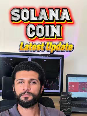 The cover image features a man in the center, with a dark beard and hair, seated in front of three computer monitors and a mobile phone. The monitors display charts and graphs, hinting at financial analysis. Overlayed at the top, text in a vibrant, outlined style declares 'SOLANA COIN' followed by 'Latest Update'. The image has a professional yet engaging layout, suggesting a video update on the cryptocurrency.