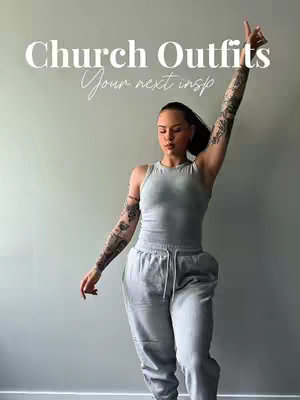 The cover image features a woman in a light grey outfit, posing against a grey background. The text "Church Outfits Your next insp" is overlaid on the image. The woman has tattoos on her arms and is raising one arm up, pointing with her finger.