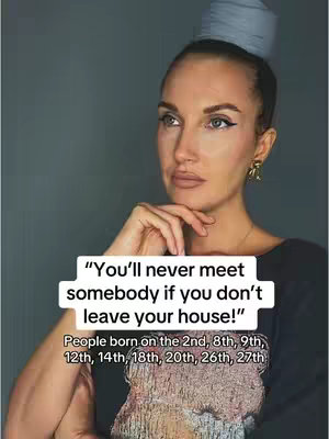 A woman with light makeup, a hair bun, and black top is looking upwards with her index finger touching her lips. There's a white text box underneath her with the text, “You’ll never meet somebody if you don’t leave your house!” Below the text box are the numbers corresponding to some dates.