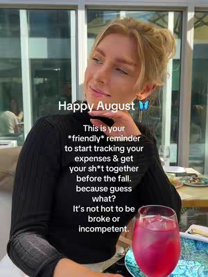 A selfie-style shot showcasing a young woman indoors in a restaurant setting. The woman, with blonde hair pulled back, is seated and gazing upward, holding a hand near her face. The background shows window panes behind her. Overlayed text provides a financial reminder.