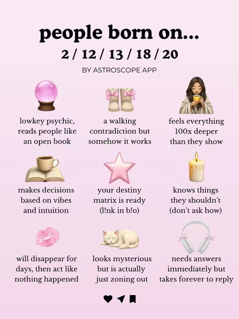 A light pink-colored graphic with text and graphics representing different personality traits associated with people born on specific dates. It is laid out in a grid of three columns and three rows, with each cell containing an emoji, a short description, and the date.