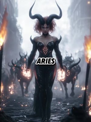 The cover image is a stylized, digital artwork depicting a woman as a representation of the Aries zodiac sign. She is the central figure, standing in a desolate, fiery environment. The woman has red curly hair, dark attire, and prominent horns. Her hands are emitting light. In the backdrop, there are similar demonic figures and pillars of fire. The word "ARIES" is written across the image in a white sans-serif font within a black rectangle.