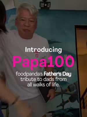 The cover image features a man in a white t-shirt, standing in front of a patterned wall. Large pink text overlays the image, introducing the content with a foodpanda Father's Day tribute.