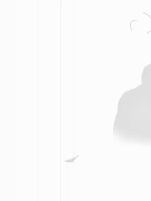 The image is simple, with a white background and two vertical, pale gray lines on the left side. A blurry, light-gray shape, possibly a person's silhouette, is visible on the right side of the image. The overall composition is minimalistic and uses a limited color palette.