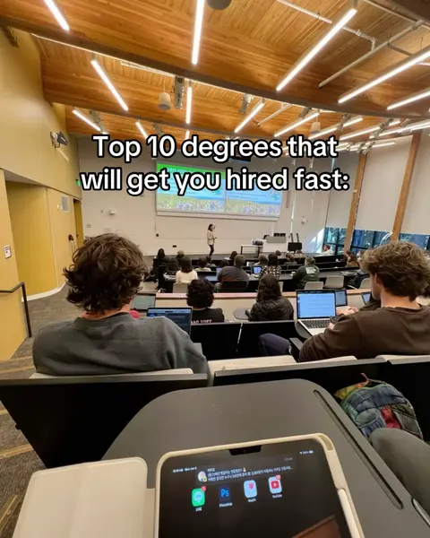 A classroom setting with multiple students facing forward, some with laptops open. In the foreground, a desk with a phone or tablet displaying app icons. Above the students, a large screen displays an image or presentation. The overhead lights create a bright, professional atmosphere.