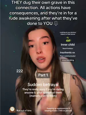 A young woman with long hair, appearing to be in a well-lit room with neutral-toned walls, is the central focus. Text overlays with various points about betrayal and a tarot reading fill the top and surrounding the woman.
