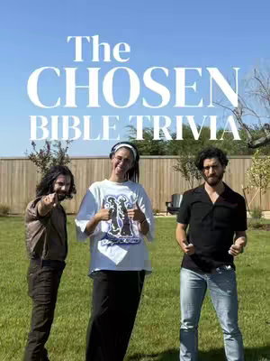 The cover image showcases a sunny outdoor setting with three people standing on a grassy lawn. The words 'The CHOSEN BIBLE TRIVIA' are prominently displayed in a white, bold font across the top of the image. The three individuals, two men and one person who appears to be non-binary or a woman, are the central focus, with each person positioned to add a unique element to the composition. One man points to the left with a smile; the person in the middle gives a thumbs up; and the other man stands in the right, appearing ready to engage. The background includes a fence and trees under a clear, blue sky, giving a sense of openness and a casual, friendly vibe.