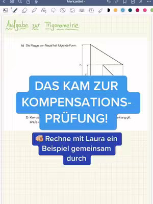 The cover image shows a screenshot of a digital notebook page containing a geometry problem and a series of text overlays. In the upper section, handwritten text in green ink states 'Aufgabe zur Trigonometrie'. Below this, the geometry problem is displayed, accompanied by a diagram. A blue text overlay in a rectangular shape dominates the middle, with the words 'DAS KAM ZUR KOMPENSATIONS-PRÜFUNG!' in large, bold white letters. Another text overlay, a dark blue rectangle, sits below, stating 'Rechne mit Laura ein Beispiel gemeinsam', including a pointing finger emoji and the word 'durch'. The background is a light grid pattern.