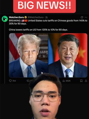 A cover image with a news-style layout. A red banner with the text "BIG NEWS!!" is at the top. Below it, there is a screenshot showing a tweet about the US and China cutting tariffs, with images of Donald Trump and Xi Jinping. At the bottom, the creator's face is visible, looking directly at the viewer.
