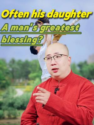 The image shows a man in a red shirt with a background of a man holding a girl, likely his daughter. The text overlay says, "Often his daughter, A man's greatest blessing?"