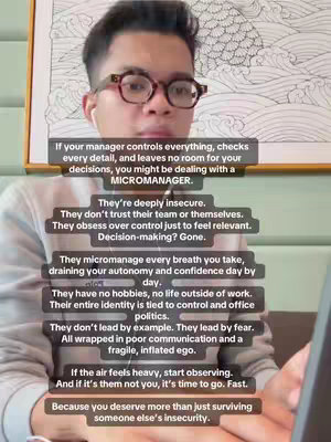 A selfie-style video cover image featuring a man with glasses looking towards the camera. Text overlays describe a micromanager and give advice.