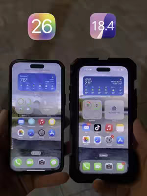The cover image shows two iPhones side-by-side. Above them are colorful circular icons with the numbers '26' and '18.4'. The phones display different home screens with app icons, widgets, and time/weather information.