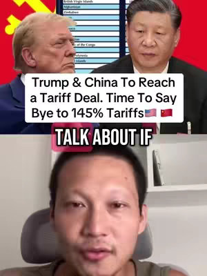 A split-screen image with a real person in the bottom half and a composite of Donald Trump and Xi Jinping in the top half. The top half shows the two world leaders with a red background and what appears to be a list chart.