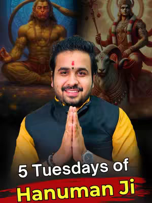 The cover image features a man with folded hands in front of two illustrations, along with overlaid text. The man, with a red tikka, faces the viewer with a smile, wearing a black jacket over a yellow shirt. Behind him are digital illustrations of Hanuman Ji and another deity with a goat. The text overlay reads "5 Tuesdays of Hanuman Ji" in white letters with a red background. The overall layout has a religious theme.