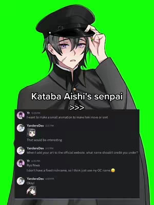 Anime-style character artwork with a green background. The character is a male figure in a school uniform with a black cap. Below the character is overlaid a black chat box with text conversation.
