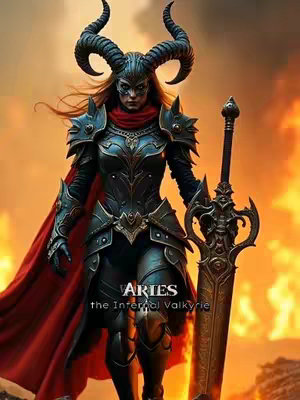 A digital artwork featuring a warrior queen in dark armor, a red cape, and a large sword, set against a fiery background.