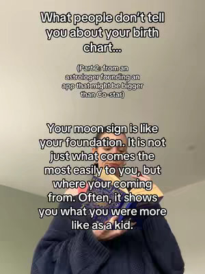 The cover image shows a person holding a book, with overlaid text about birth charts. The person is centered in the image, dressed in a dark blue sweater, and set against a plain, light ceiling. The text is arranged in a clear, readable layout with a layered structure.