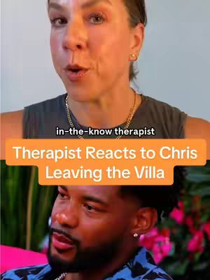 The image is a vertical split screen featuring two people, presumably being discussed in the video. The top half shows a woman with fair skin with her mouth slightly open as if speaking. She has light makeup, including eyeshadow and lipstick, and is wearing a gray tank top. Text overlays read, 'in-the-know therapist' and, in a large orange rectangle, 'Therapist Reacts to Chris Leaving the Villa'. The bottom half reveals a dark-skinned man with a neatly trimmed beard. He’s looking thoughtfully towards the viewer, wearing a collared shirt. The background appears to be a brightly lit, blurred setting possibly a villa or outdoor space with pink flower.