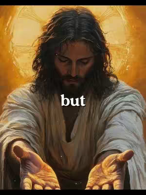 The image features a digital painting of Jesus, depicted from the chest up, gazing downward with a peaceful expression. He is wearing a white robe, and his long, dark hair frames his face. His hands are outstretched, palms up, as if offering a blessing. Above him, a soft, blurred glow suggests a halo or divine light. The word "but" is superimposed on the image in a simple white font.
