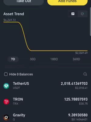 A screenshot from a crypto trading app displaying an asset trend graph that has decreased, with the current value at $2,049.49. Below the graph, details of TetherUS, TRON, and Gravity are visible. The layout uses a dark theme with yellow highlights, and the top contains options such as 'Take Out' and 'Add Funds'.