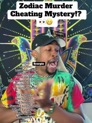 A man with lightened hair and a black cap, with an open mouth, is the central figure. Text overlay features the title 'Zodiac Murder Cheating Mystery!?'. The composition is vibrant, with a tie-dye shirt and text boxes indicating the plot. The background features a galaxy design.