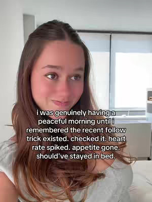 A young woman with long brown hair is looking off-camera, appearing thoughtful or concerned. Text overlays on the image reflect a humorous internal monologue relating to social media engagement.