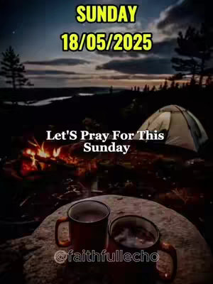 The image shows a campfire scene at dusk under a night sky. There's a tent, a fire in the foreground, and two mugs in front, suggesting a cozy outdoor setting.