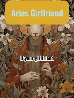The image is a digital art piece featuring a personified ram with a human-like body, surrounded by a floral background. The ram has a stern facial expression, wearing a red coat, and a gold-colored halo. Within the image, text overlays appear in yellow and white boxes, reading 'Aries Girlfriend' and 'If your girlfriend'.