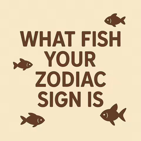 The image is a stylized graphic on a beige background. The focal point is a large brown text that reads "WHAT FISH YOUR ZODIAC SIGN IS", arranged in three lines. Accompanying the text are four stylized fish figures, also brown, positioned around the text. The overall composition is simple, with a focus on the text and symbolic fish elements to quickly convey the topic.