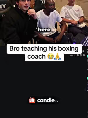 The image shows a split view featuring three men on a video call. The main focus is on the center man, who appears to be giving instructions, with the other two men watching. The overlaid text indicates the scene is about a 'bro' educating his boxing coach. Below this is a black background that displays the candle.tv logo.
