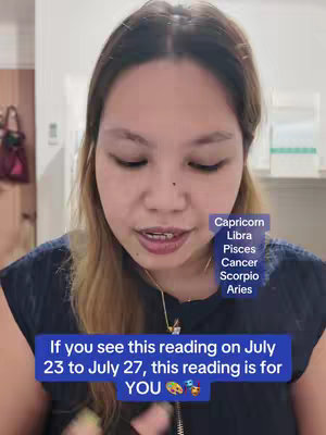 A woman with long blonde hair is positioned in the center of the frame, looking slightly towards the left. She appears to be in a home setting, with a neutral background that is partially visible and out of focus. Overlaid on the image are two blue boxes containing text; one lists zodiac signs, and the other contains a message about a reading.