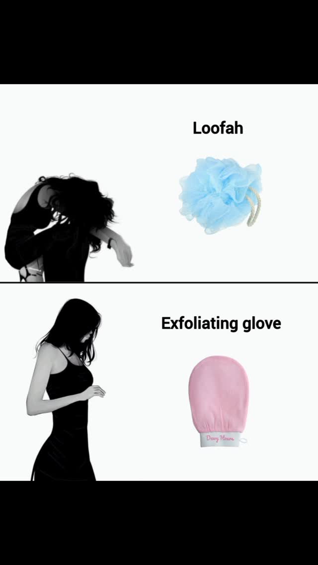 A monochromatic image split into two halves. The top half shows a woman in a black dress with windblown hair, and a blue loofah. The bottom half shows another female figure in a black dress, with a pink exfoliating glove next to her.