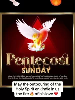 The cover image is a stylized religious graphic with a central image of a white dove with outstretched wings. The dove is transitioning into flames, suggesting the Holy Spirit. Below the dove, the words "Pentecost Sunday" appear in gold, stylized font. At the bottom, a white banner with a message in black text is also included. The background is a gradient of deep red. The overall composition is symmetrical, creating a reverent mood.