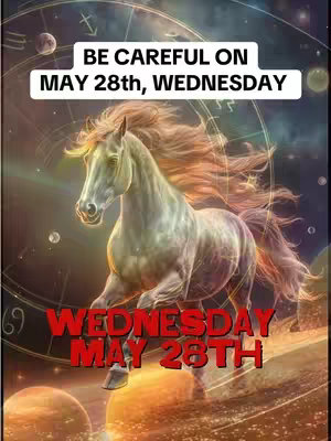 Digital artwork featuring a white horse rearing up with flowing mane and tail set against a celestial background including zodiac symbols. Overlay text indicates a warning for "MAY 28th, WEDNESDAY."