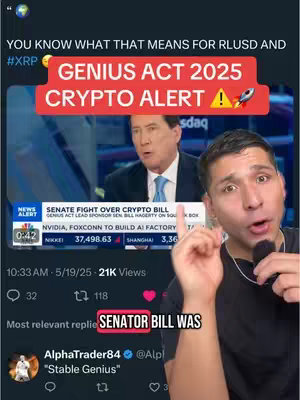 A split-screen image with the creator on the right, pointing upwards with a surprised expression. On the left, a TV news report shows a man in a suit, and headlines about the Genius Act, crypto and legislation. Text overlays in the image highlight terms like "GENIUS ACT 2025", "CRYPTO ALERT" and "SENATOR BILL", with related hashtags like crypto, finance, and stablecoin.