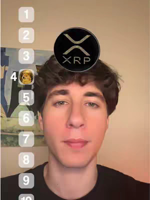 A young man with brown hair and light skin is the central focus, framed from the chest up. He looks directly at the camera with a neutral expression against a softly lit setting. Above his head, an XRP cryptocurrency logo is superimposed. To the left of the man's face, a column of numbered boxes are visible. The numbers count down the left side of the image.