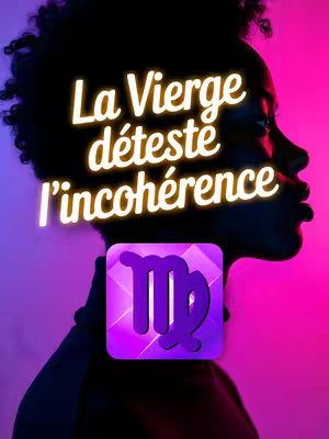 A profile silhouette of a person is set against a backdrop of vibrant pink and purple hues. Overlaid on the image is a glowing, white text, with the title and text symbol of the Virge. Embedded is the Virgo symbol in a square. The overall layout uses high contrast, accentuating the text and the side profile.
