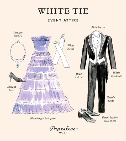 An illustrated infographic showing event attire for a white tie event. It features a floor-length ball gown, elegant heels, opulent jewelry, white gloves, a black tailcoat, tuxedo pants, patent leather dress shoes, and a white bowtie and waistcoat.