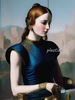 An AI-generated painting of a woman in a blue dress. She is looking away from the camera with a thoughtful expression. Behind her, a blurred landscape suggests an outdoor setting. The image has a classical art style.