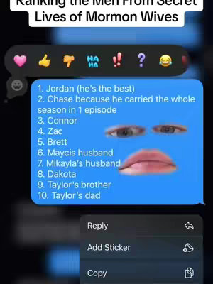 The cover image showcases a screenshot of a list within a blue chat bubble, titled "Ranking the Men From Secret Lives of Mormon Wives." The list features numbered names, and the overlay includes various emojis above the text bubble. Below, a set of navigation icons are present.